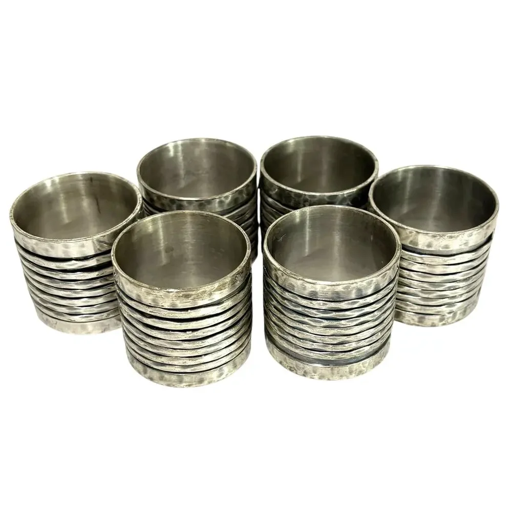 Pewter Silver napkin rings (6) wrapped Brutalist Artisan detailed metal holders